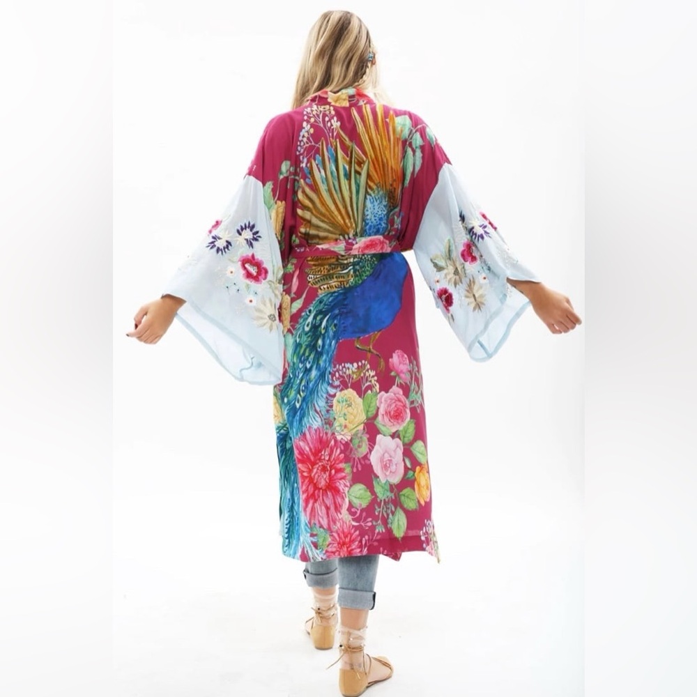 Aratta Silent Journey Kimono Robe Peacock Floral Print pearl embroidered Small - Picture 5 of 16